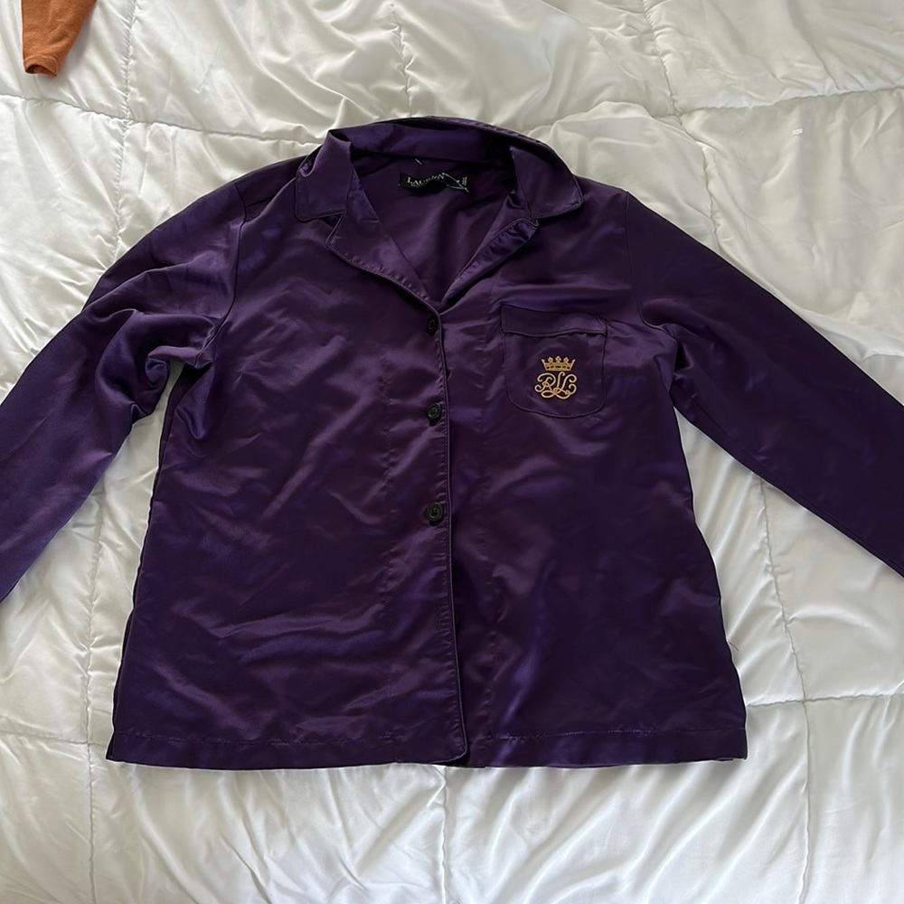 purple silk button up ralph lauren bed time shirt.